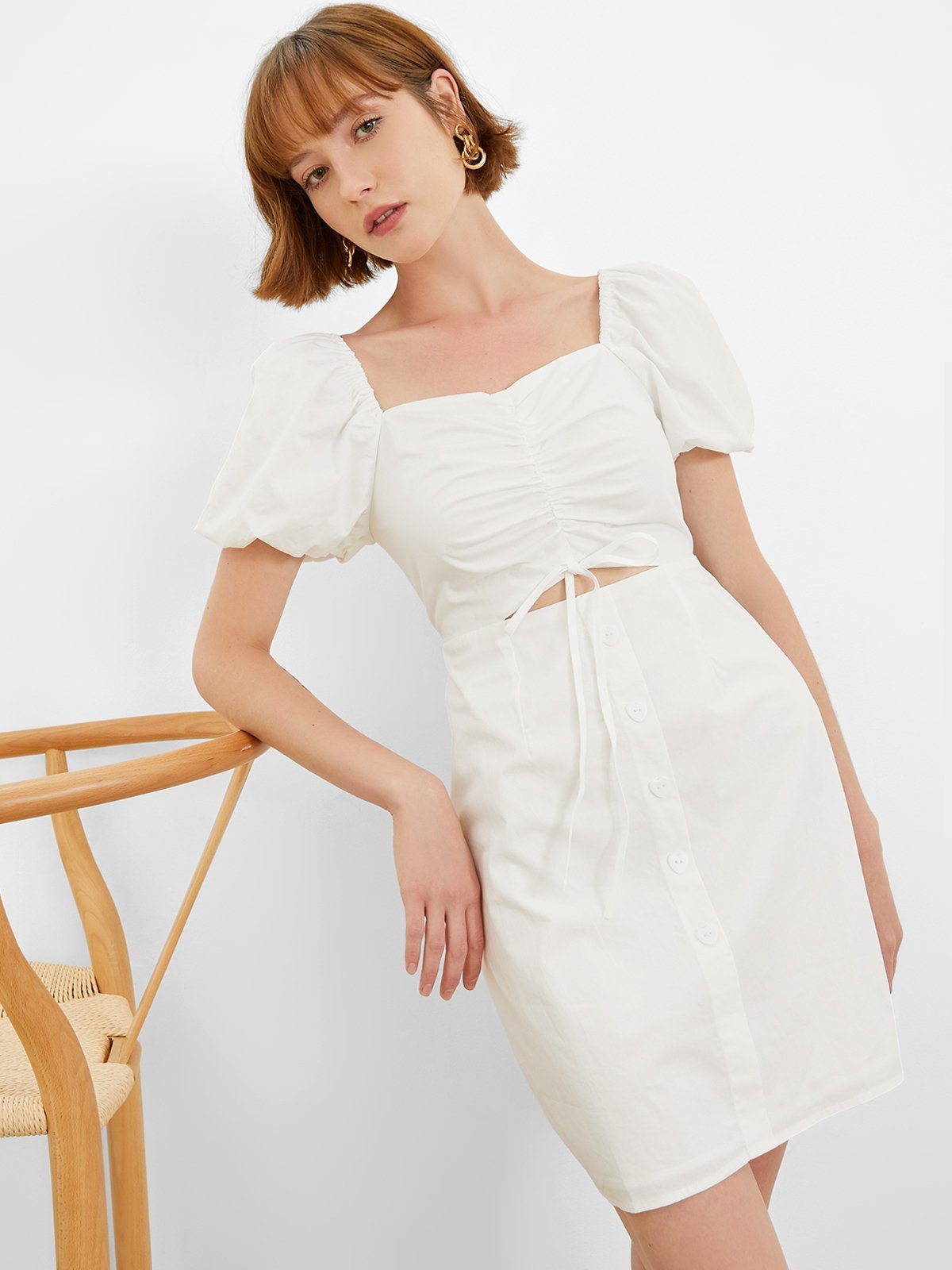 Button Up Cut Out Puffed Sleeve Mini Dress - White - Pomelo Fashion