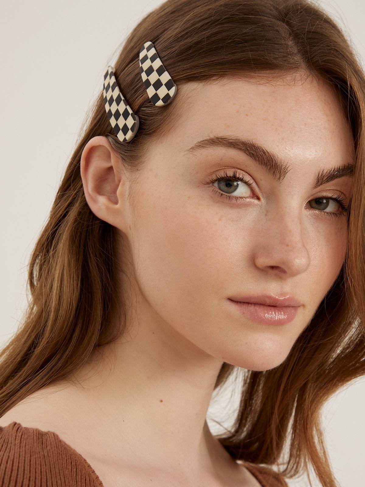 Checkered Print Hair Clip Set Black Pomelo Fashion