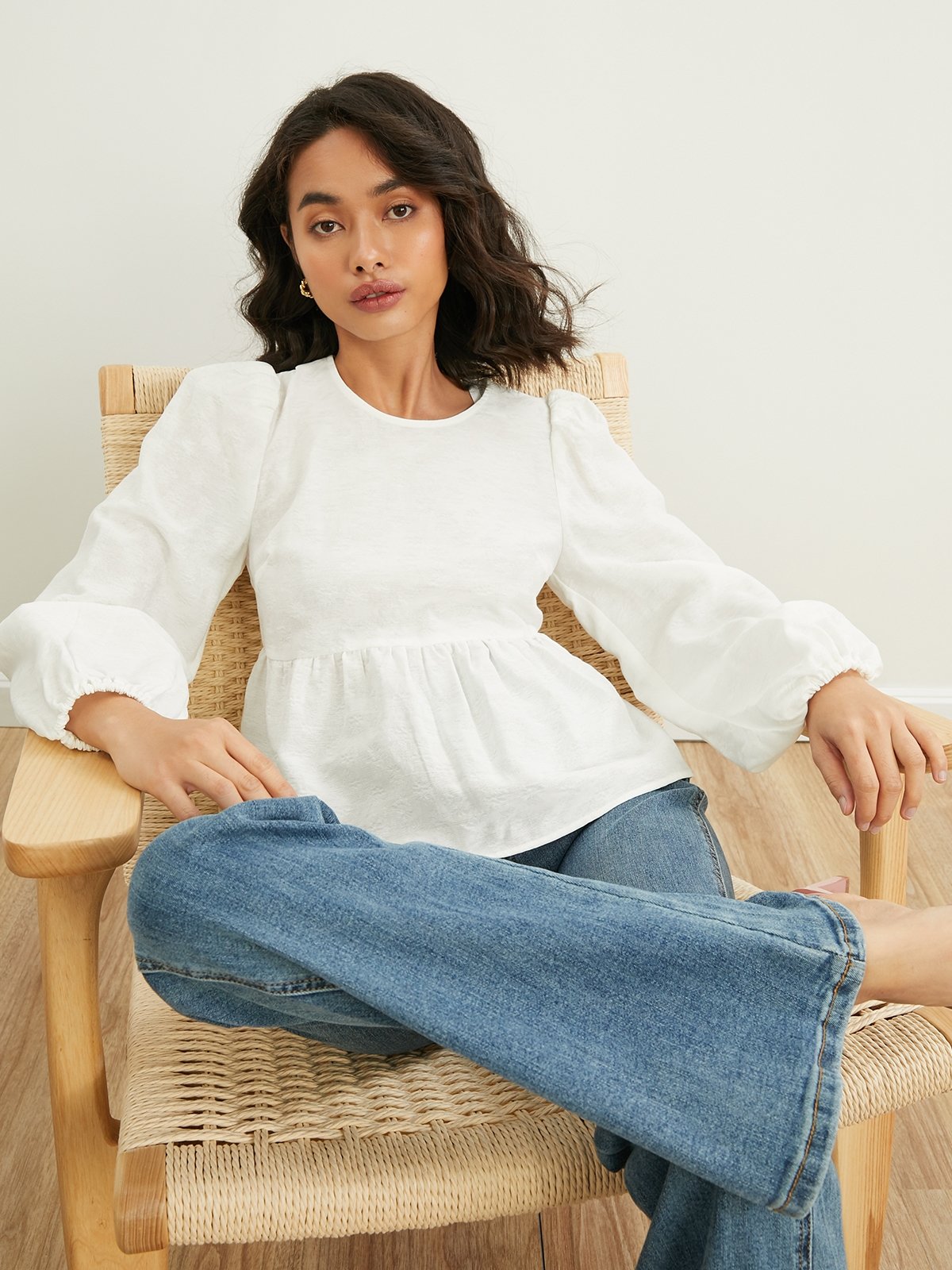 Ribbed puff sleeve store top
