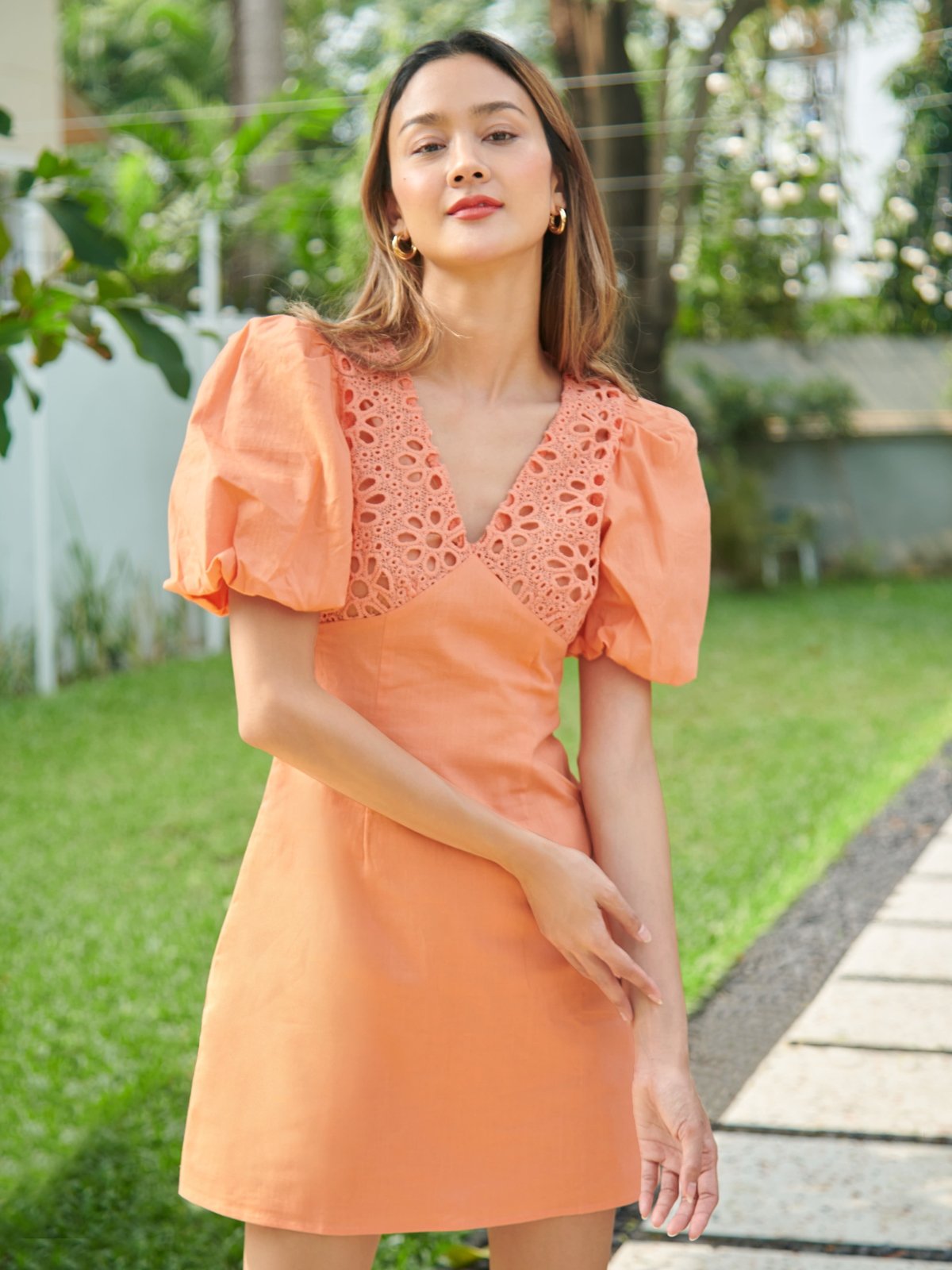 Orange mesh clearance dress