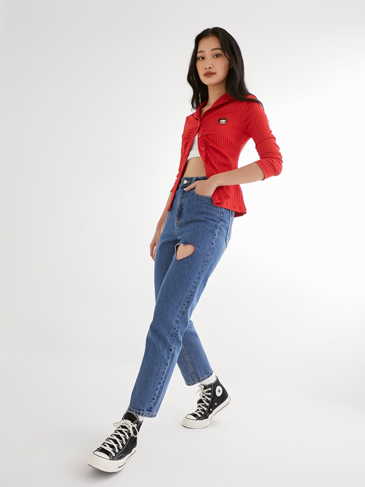 Pomelo x Betty Boop™ HeartShaped Hole High Waist Jeans Blue Pomelo
