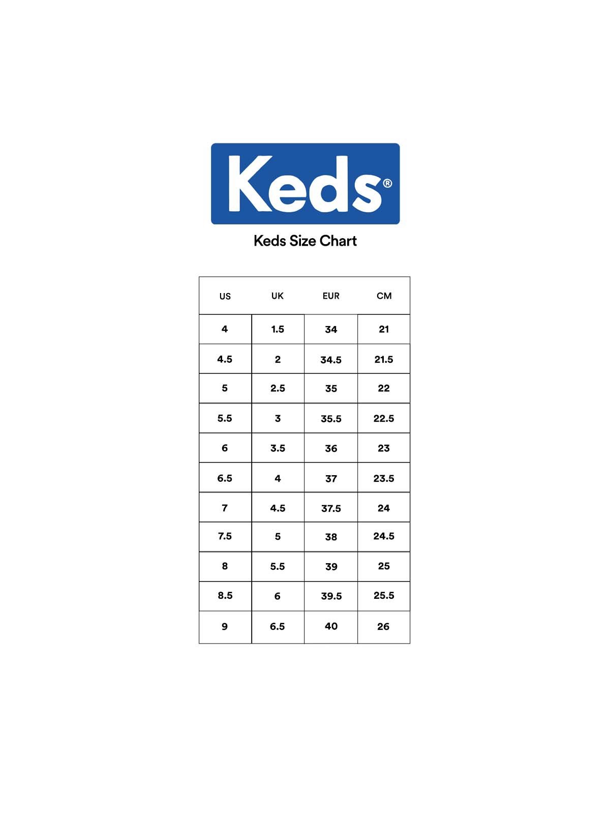 Keds shoe size chart online