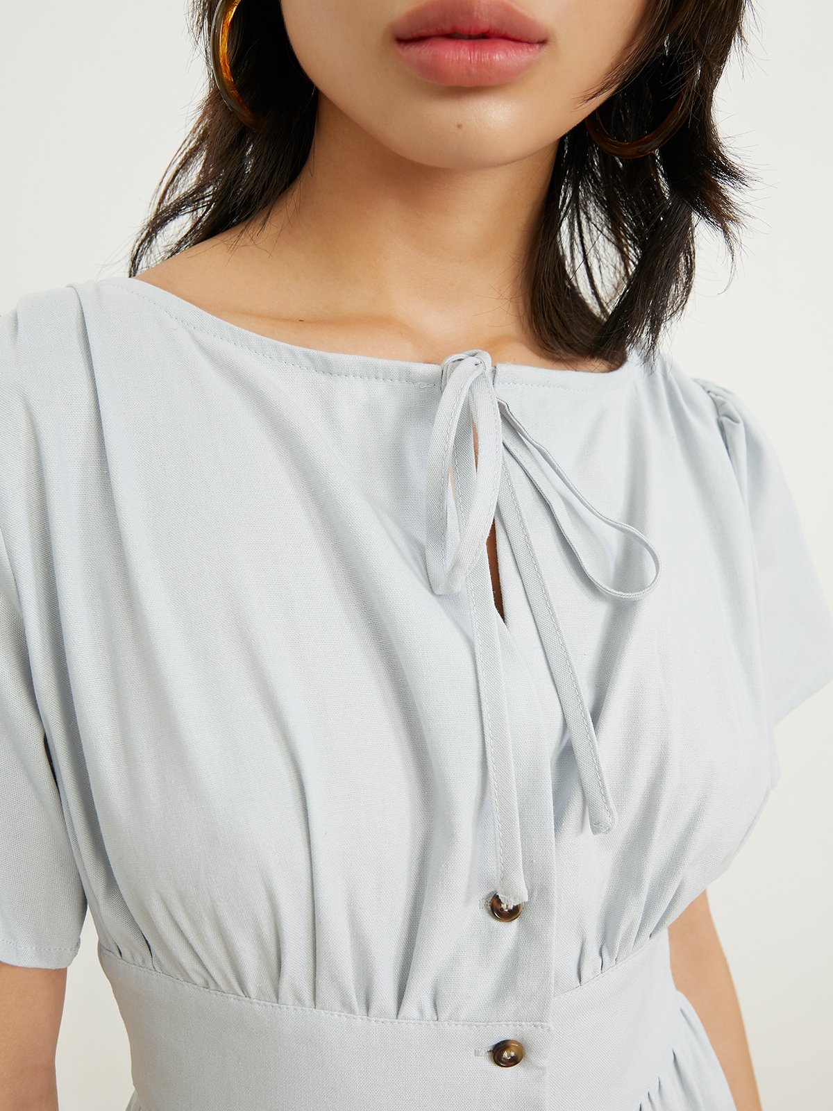 Button Up Front Tie Dress Light Blue Pomelo Fashion