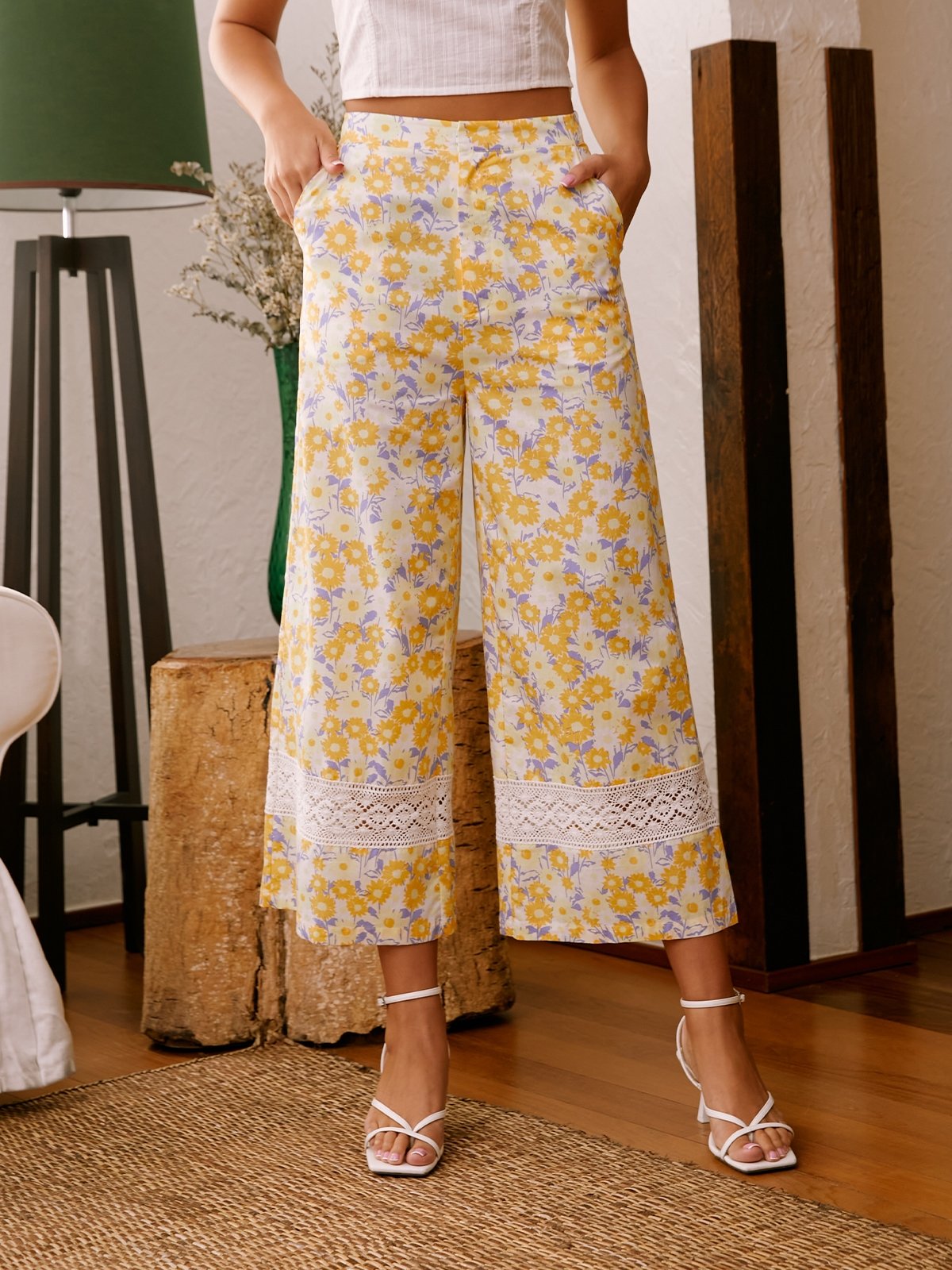 Sustainable Floral Print High Waist Pants Yellow Pomelo Fashion