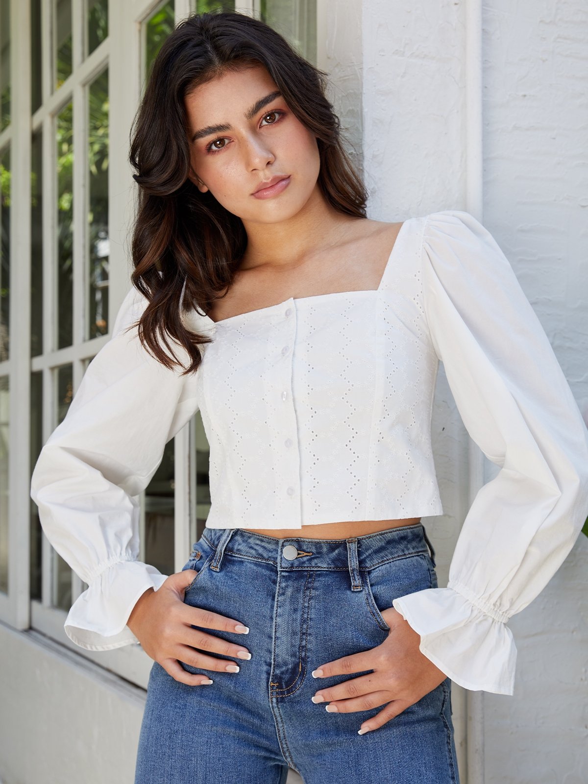 Top with mesh puff sleeves deals