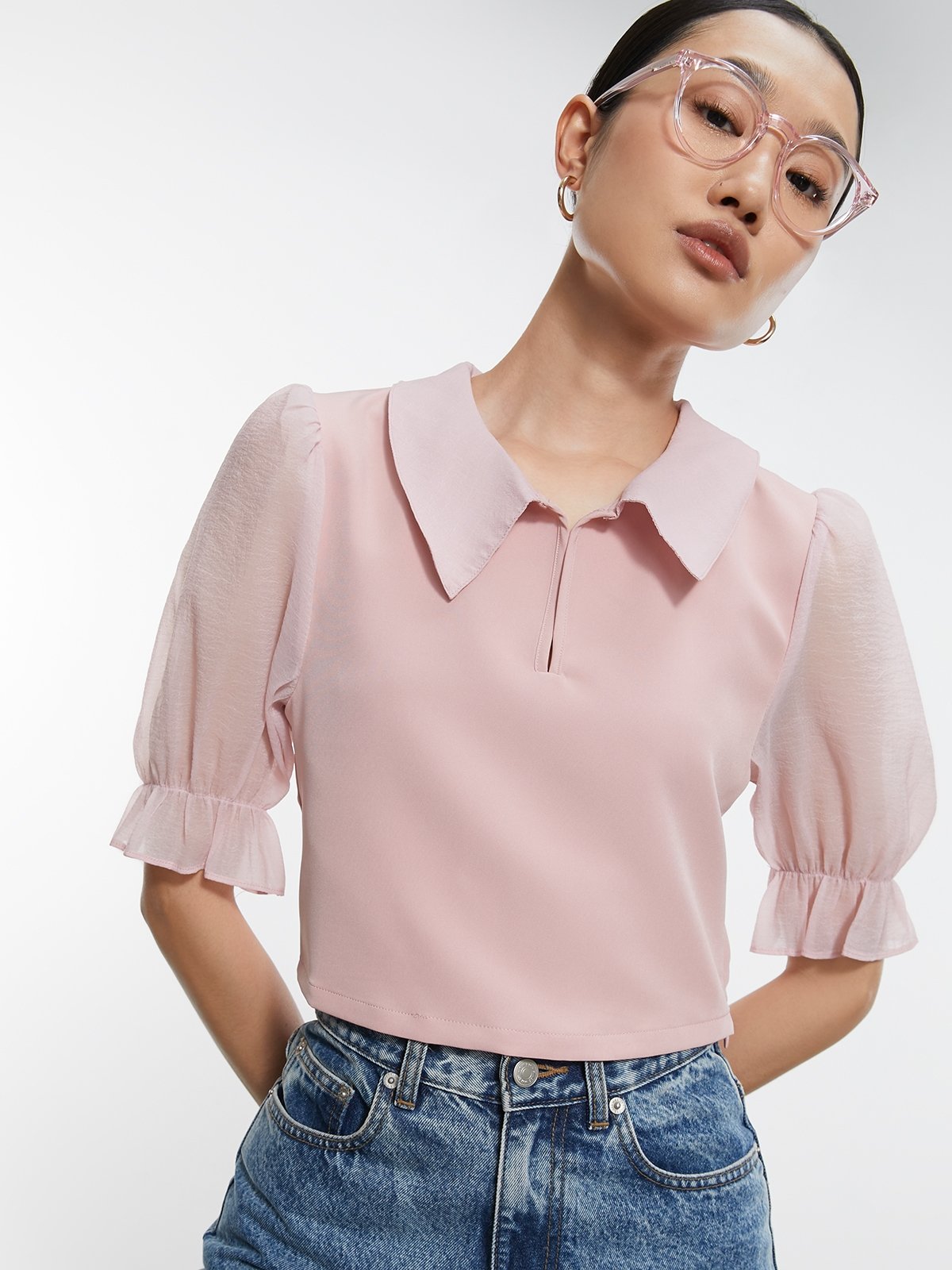 Pink blouse with top puff sleeves