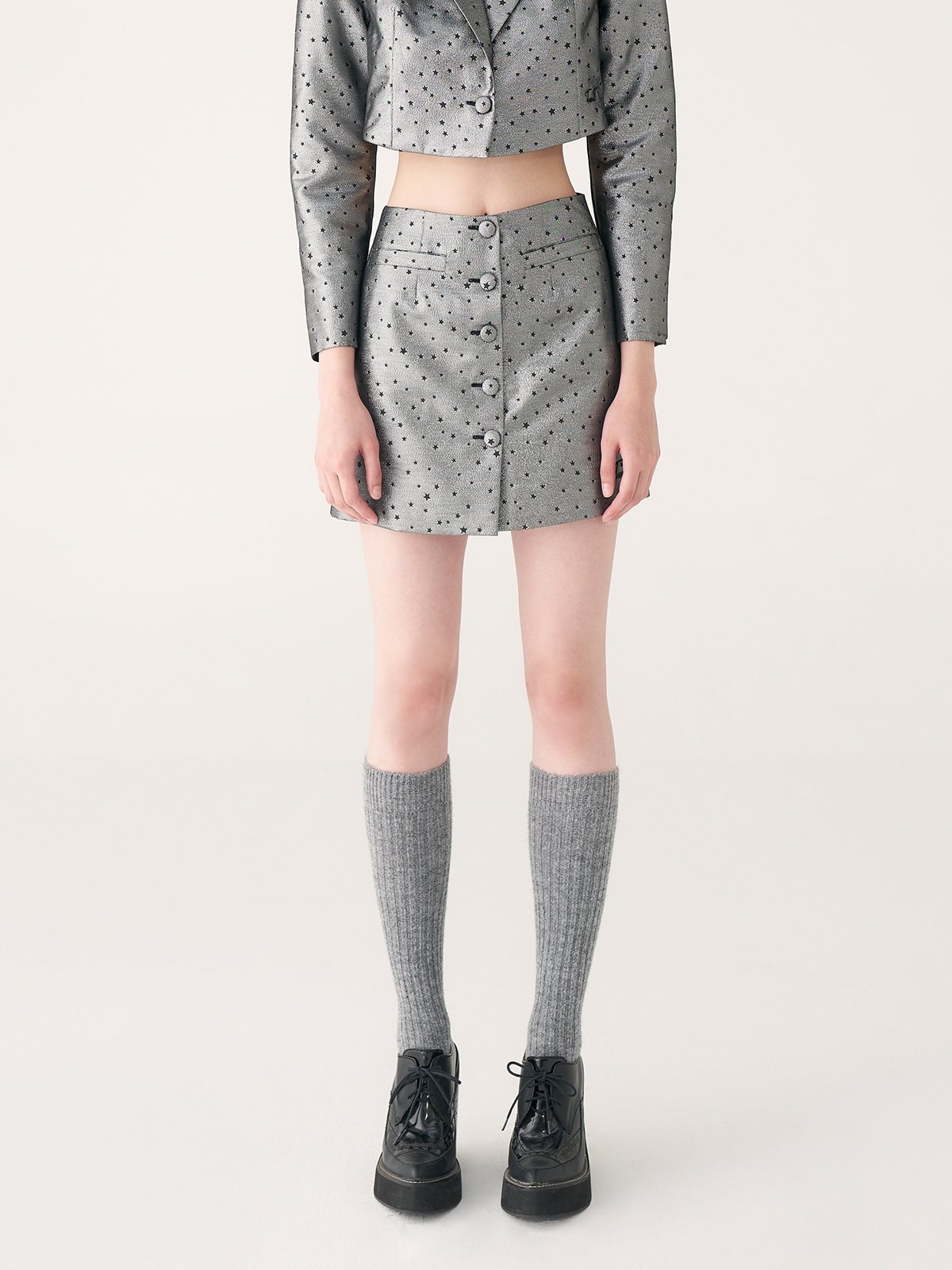 Glistening Stars Jacquard Button Front Skirt Silver Pomelo Fashion