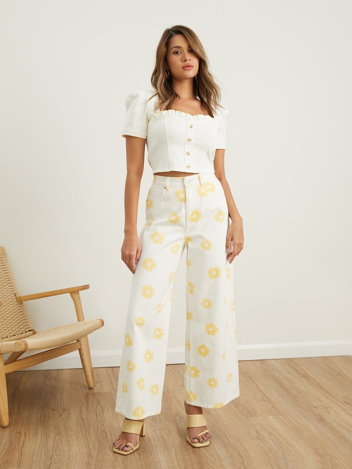 Sustainable Yellow Flower Printed Jeans Floral Print Pomelo Fashion