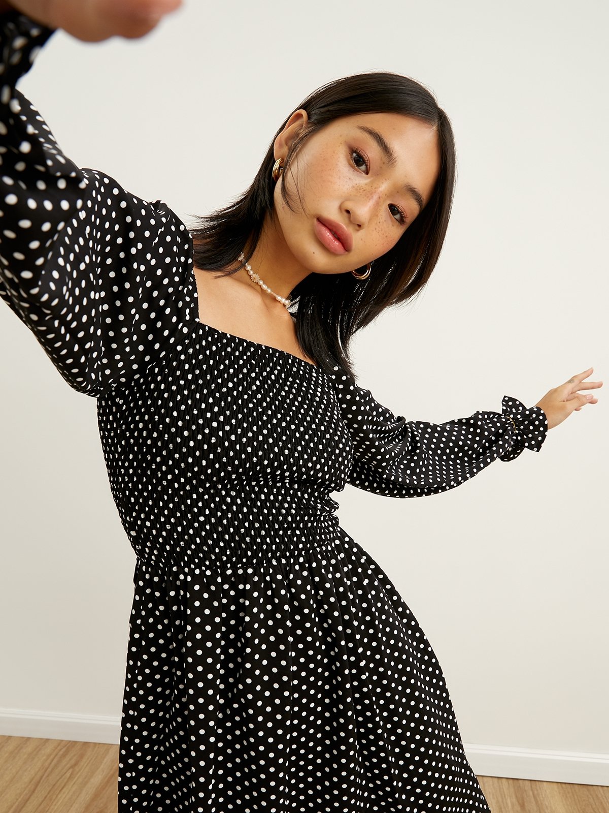 Polkadot Puffed Sleeve Mini Dress Black Pomelo Fashion