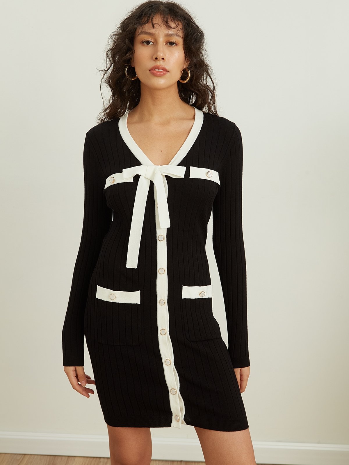 Ribbed Knit Button Down Dress Black Pomelo Fashion