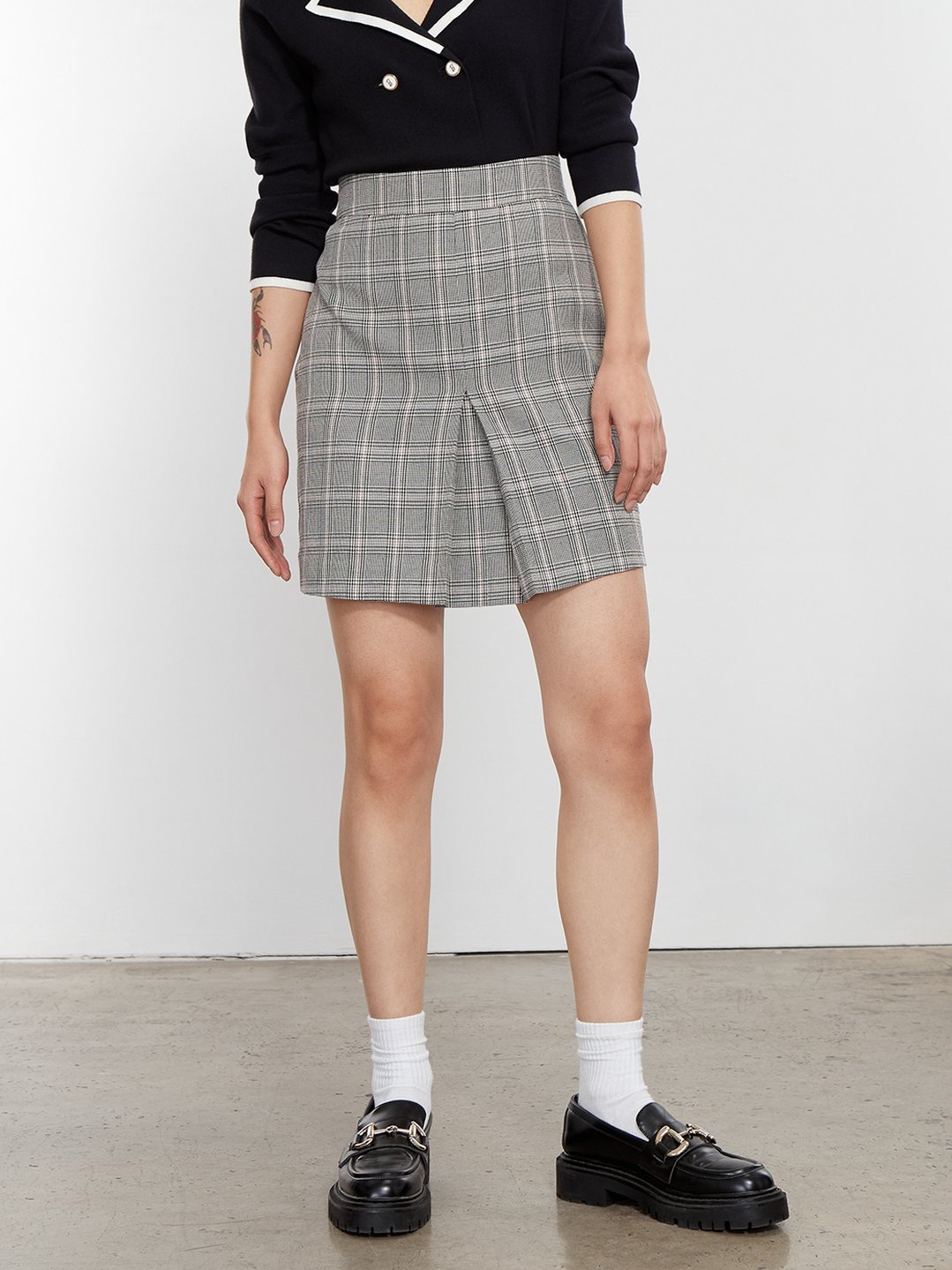 Checkered High Waist A-line Skirt - Brown - Pomelo Fashion