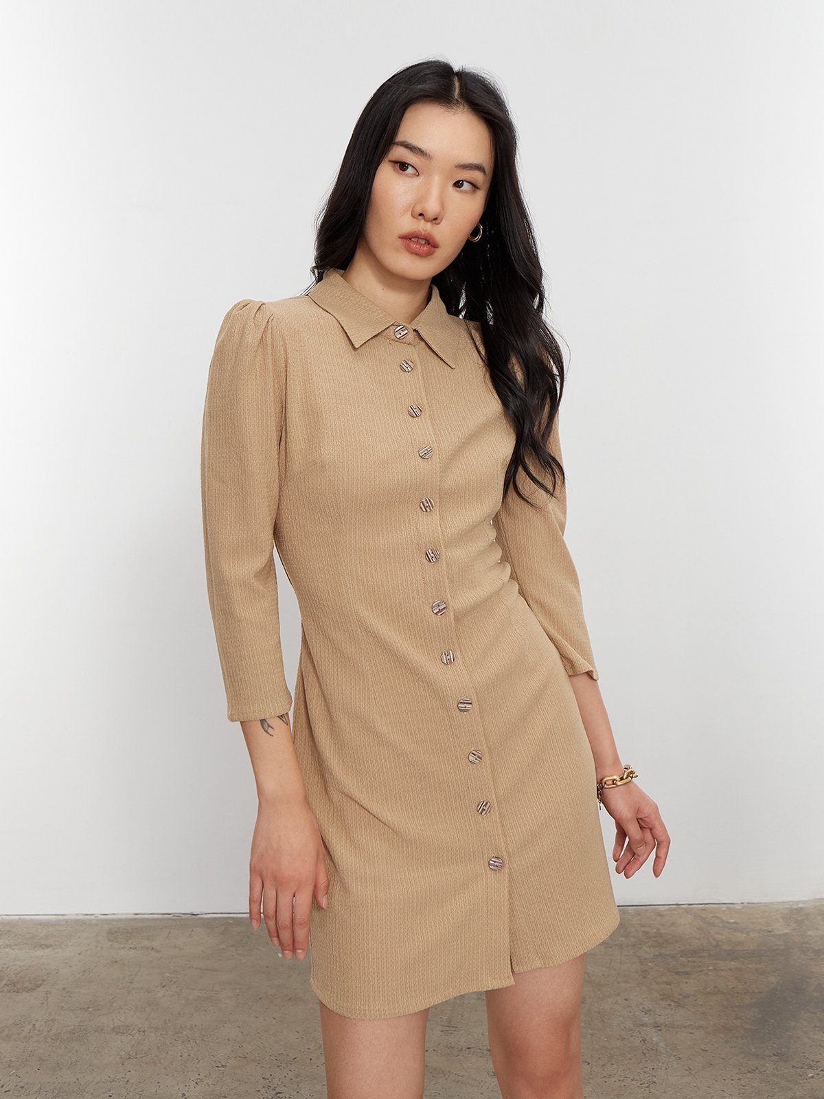 Long Sleeve Front Button Dress Beige Pomelo Fashion