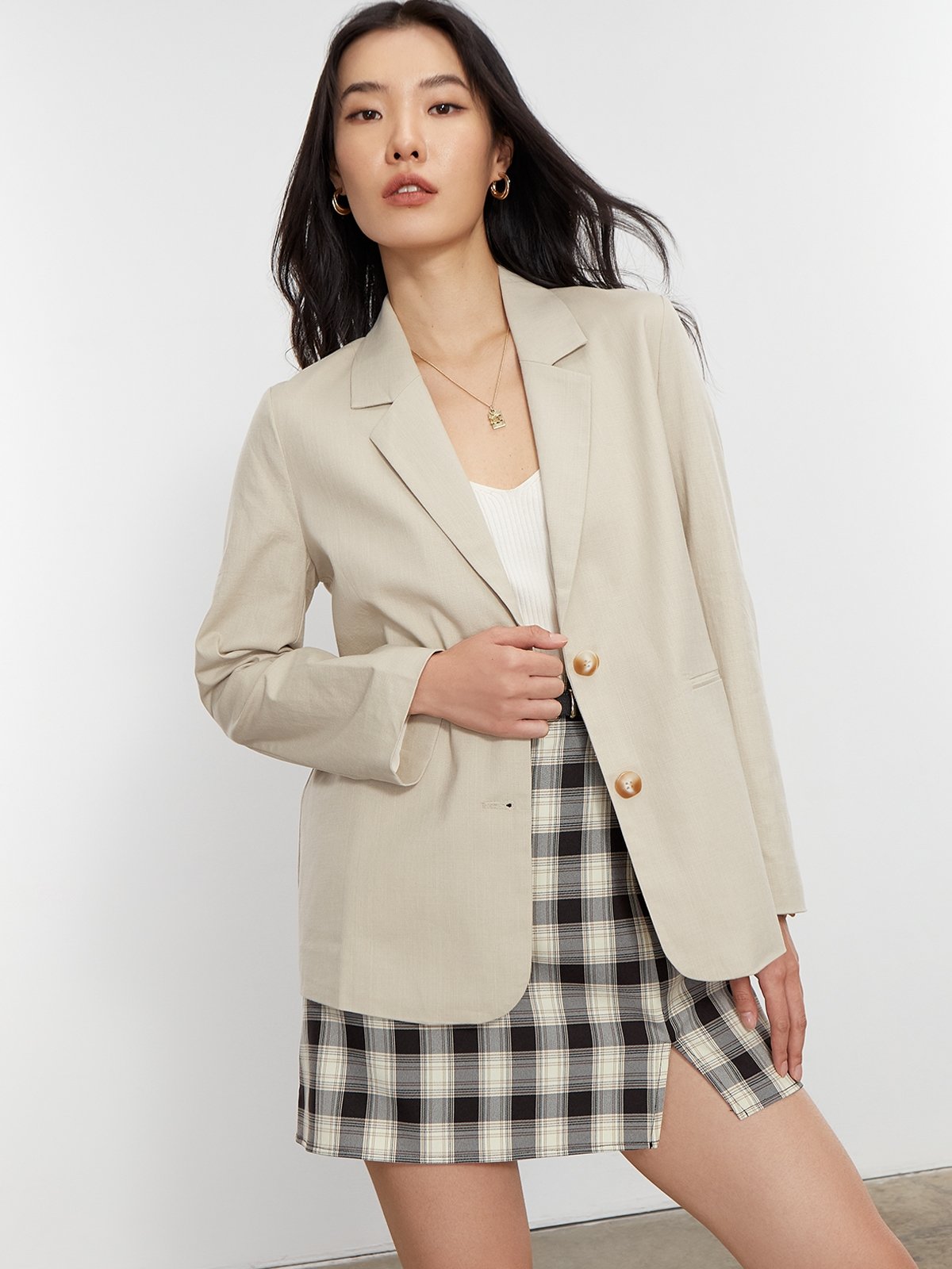 Button Long Sleeve Blazer - Beige - Pomelo Fashion