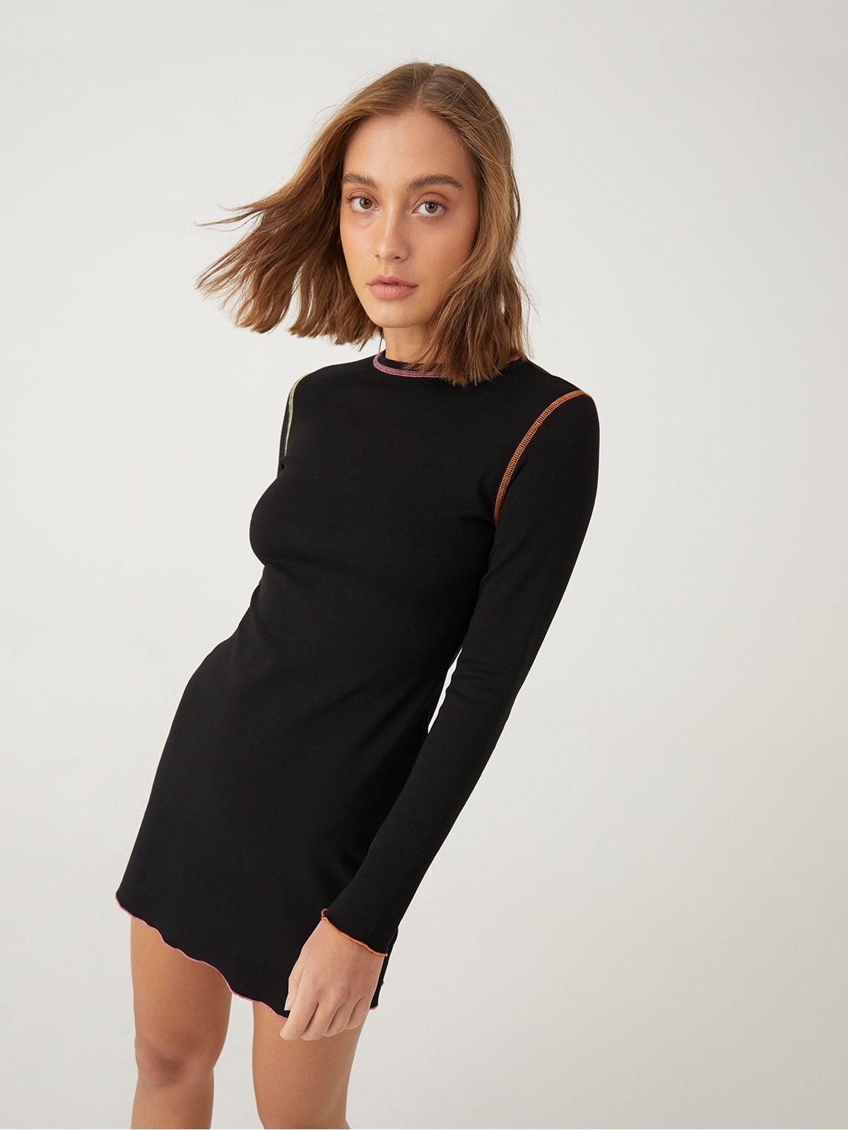 Long Sleeve Mini Dress Black Pomelo Fashion