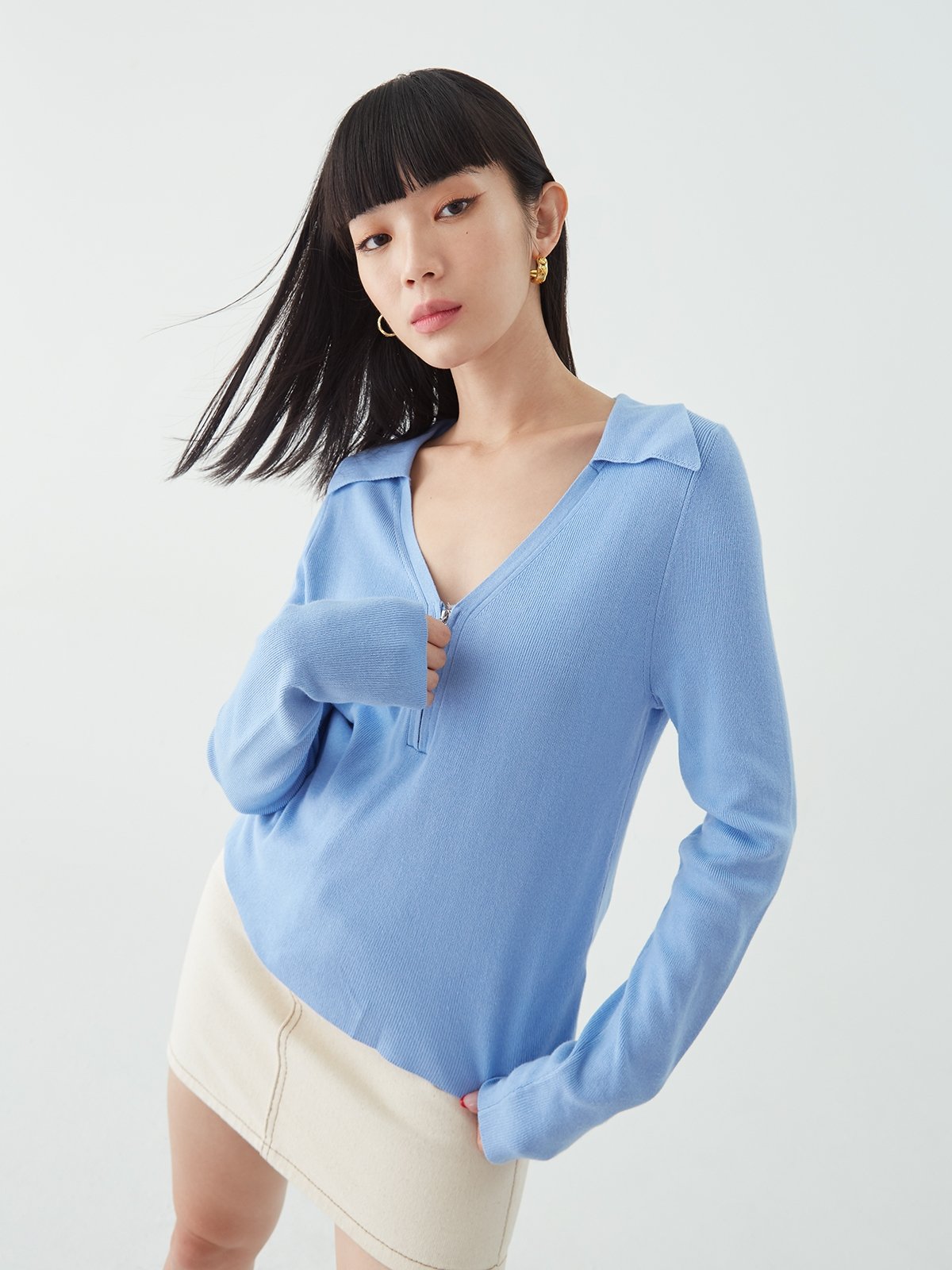 Ribbed Zip Up Long Sleeve Top Blue Pomelo Fashion