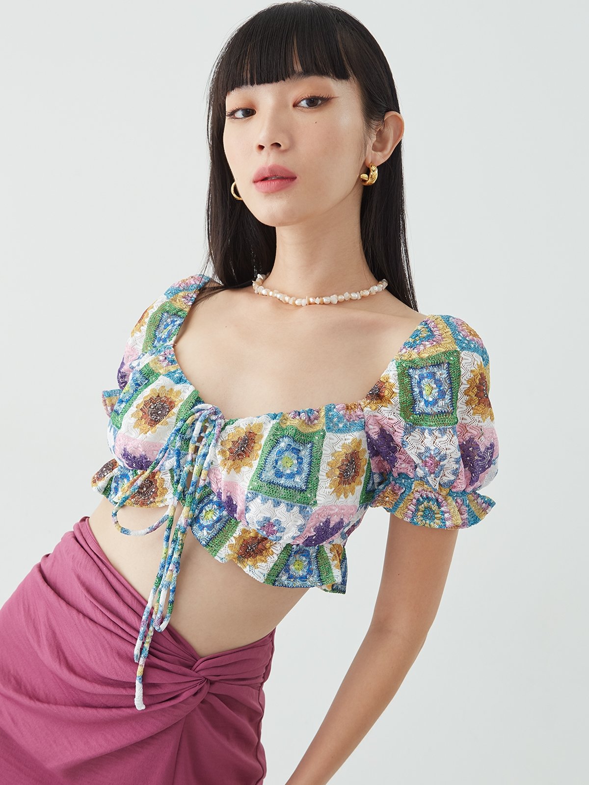 Crochet Short Sleeve Blouse Multi Color Pomelo Fashion