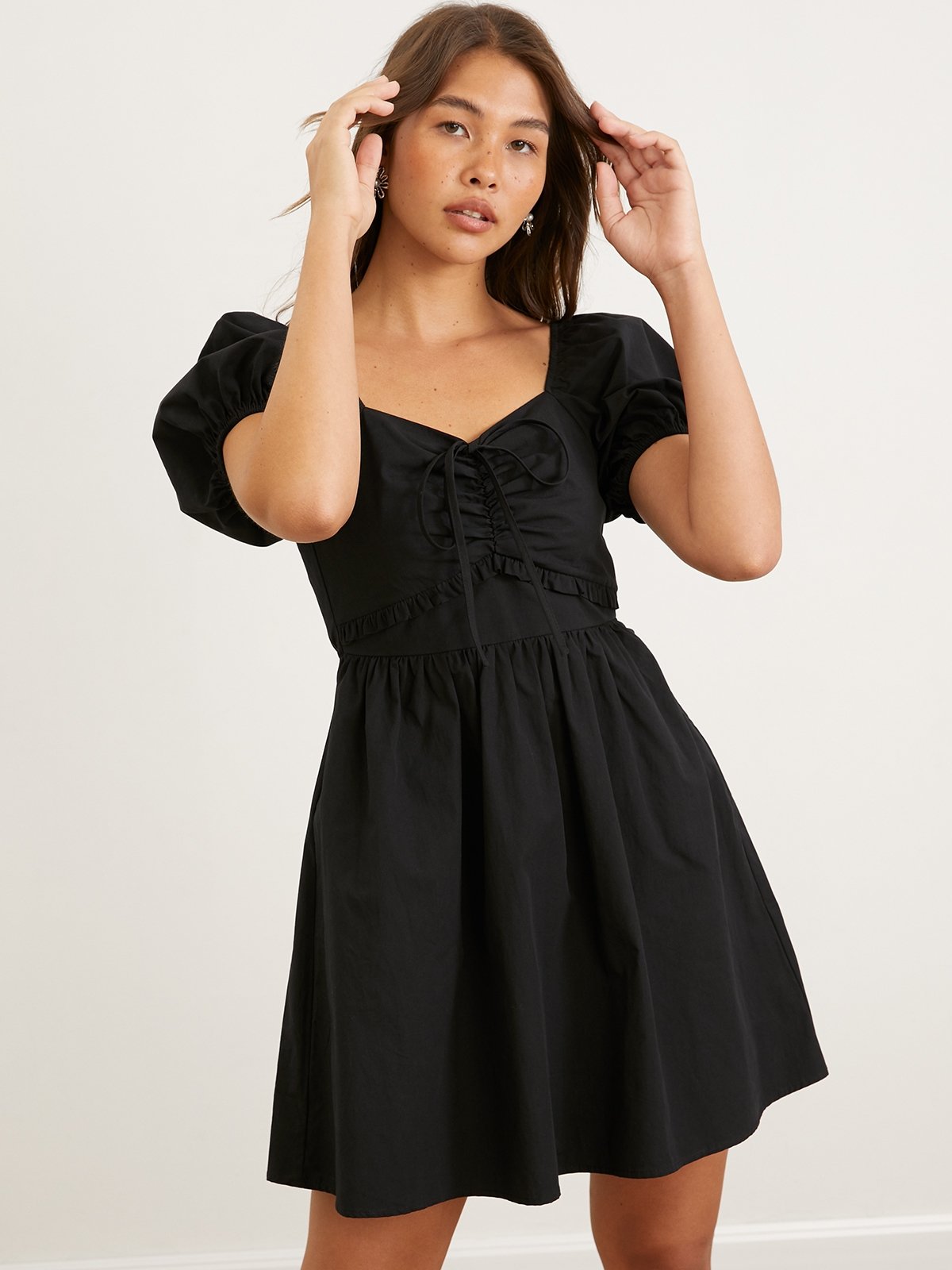 Puffed Sleeve Cut Out Waist Dress 