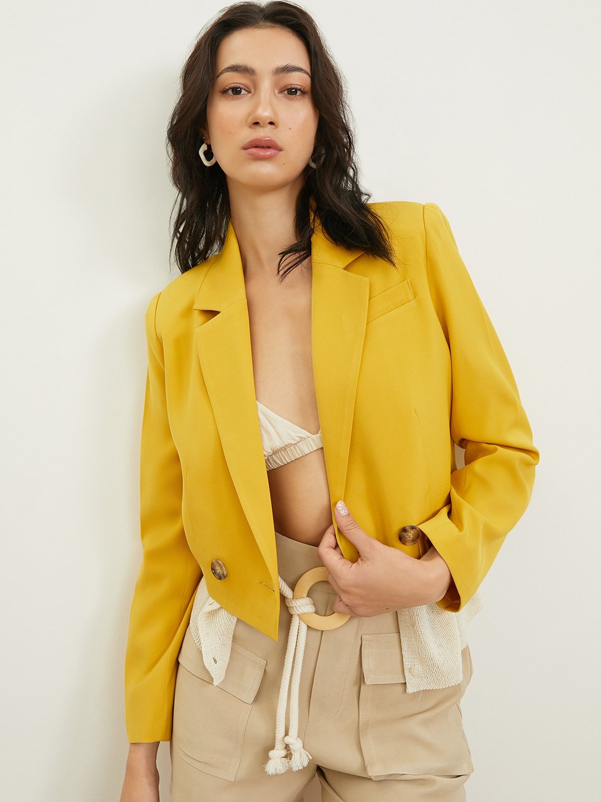 V Neck Blazer Crop Yellow