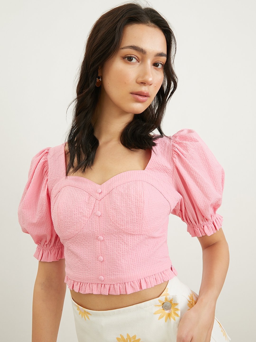Puffed Sleeve Fit Blouse - Hot Pink - Pomelo Fashion