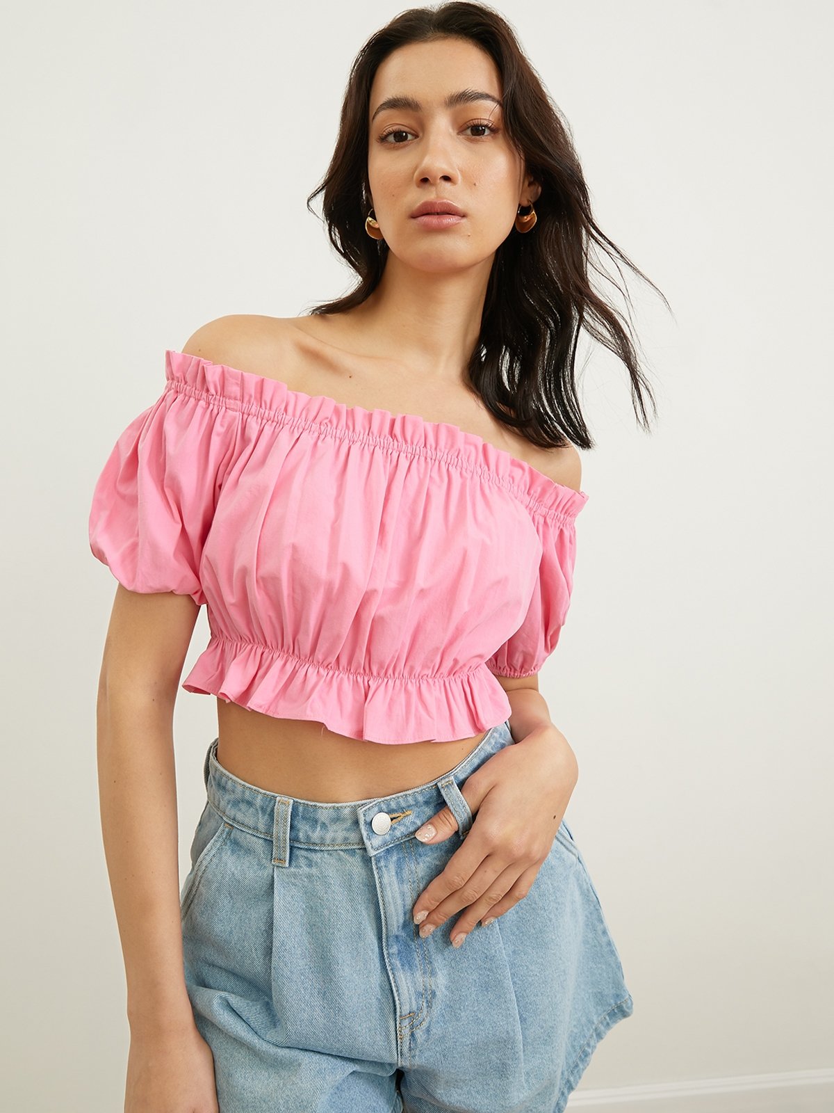 Pink off shoulder crop top store