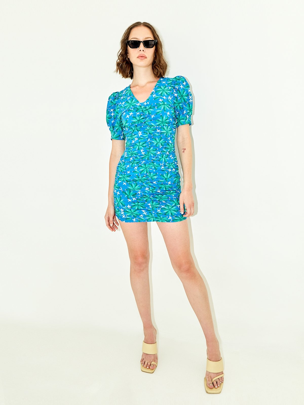 Floral Puffed Sleeve Mini Dress Blue Pomelo Fashion