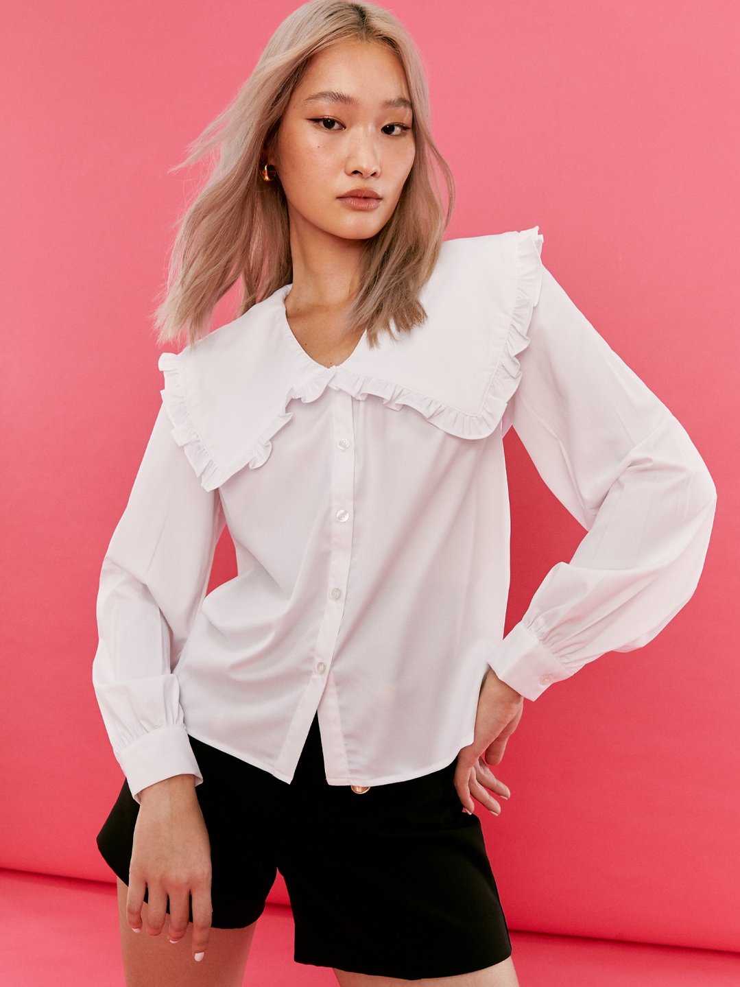 Wide Collar Long Sleeve Shirt - White - Pomelo Fashion