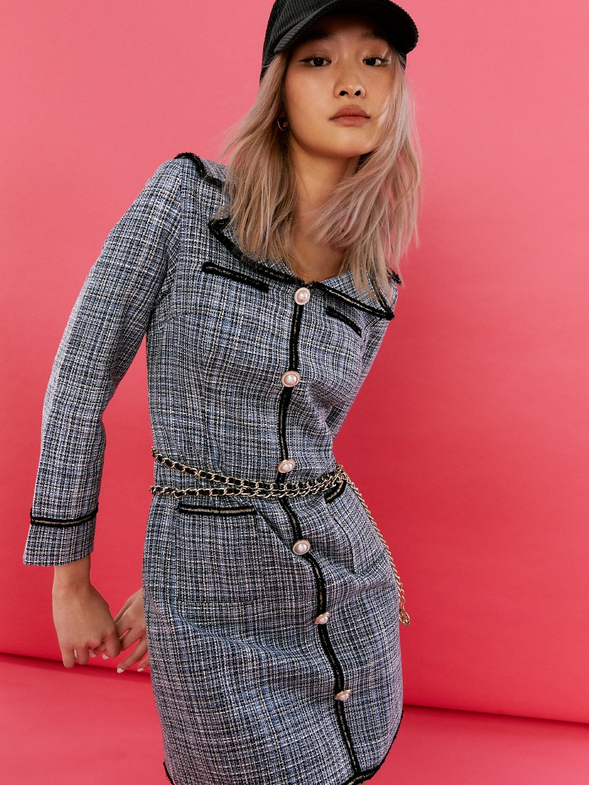 Puff Sleeve Dress - Blue Tweed
