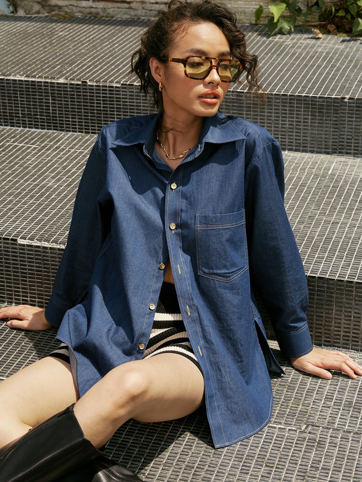 Dark denim shirt outfit best sale