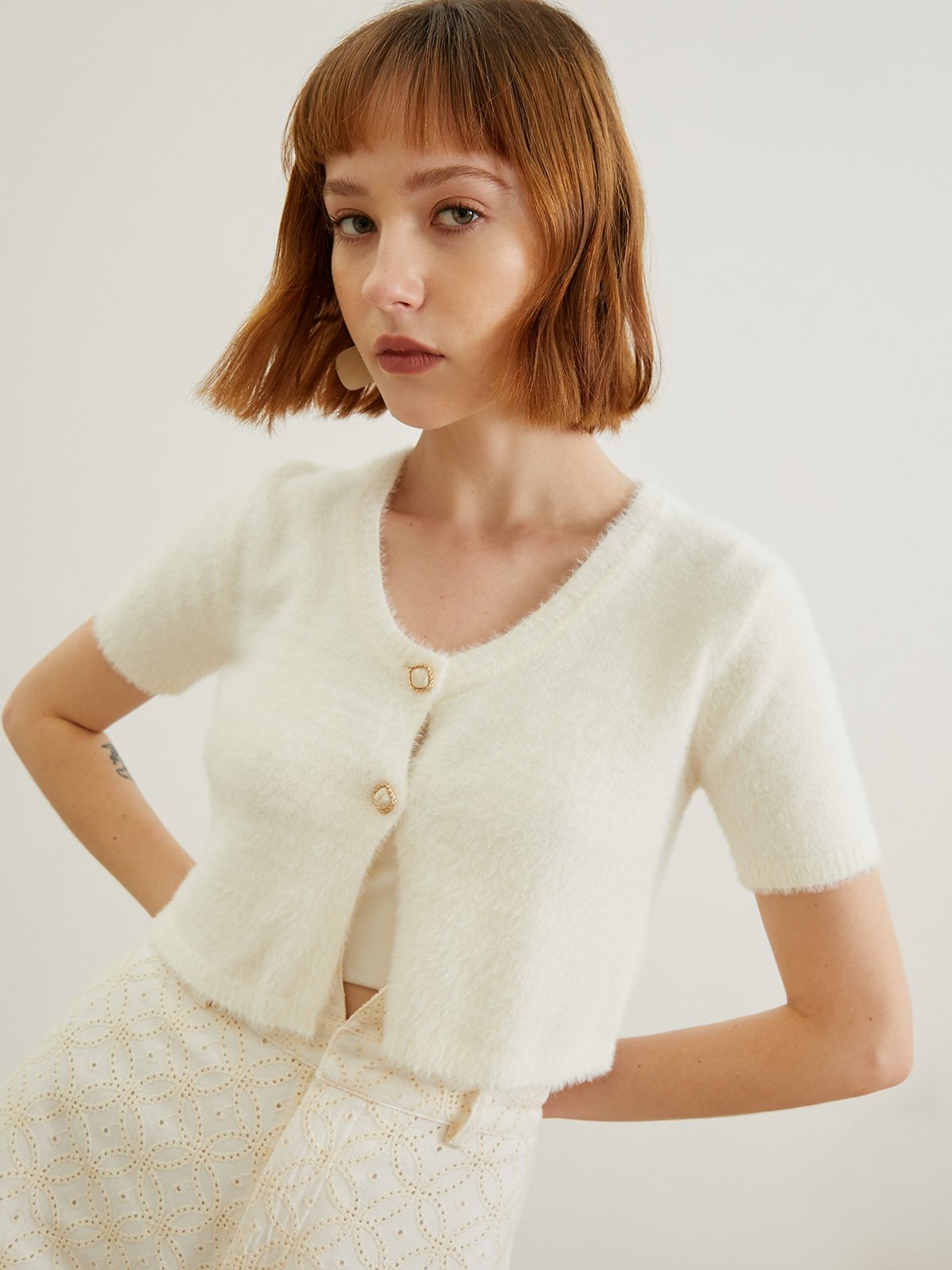 Short Sleeve Crop Cardigan White Pomelo Fashion