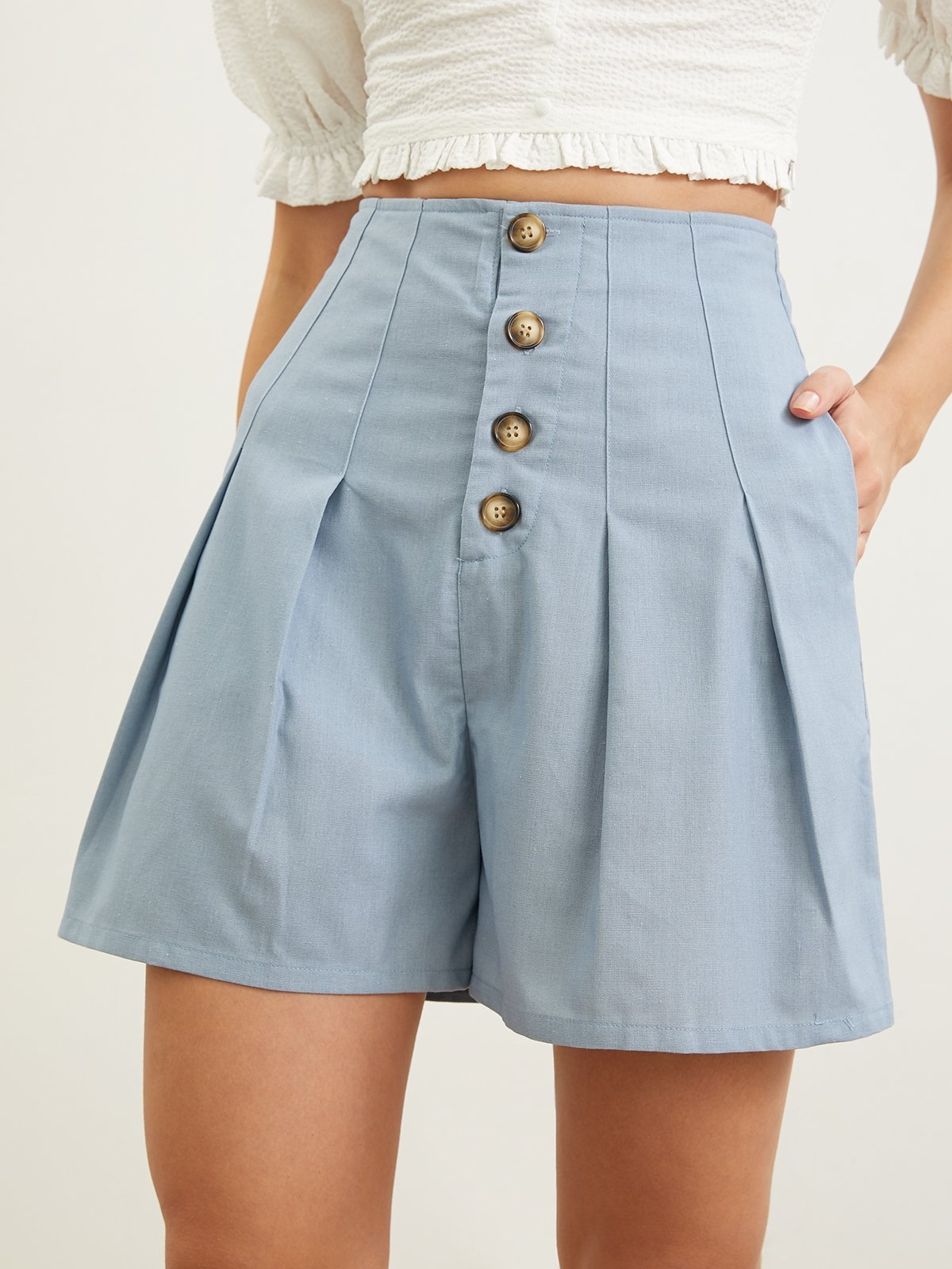 Button High Waist Wide Leg Shorts 
