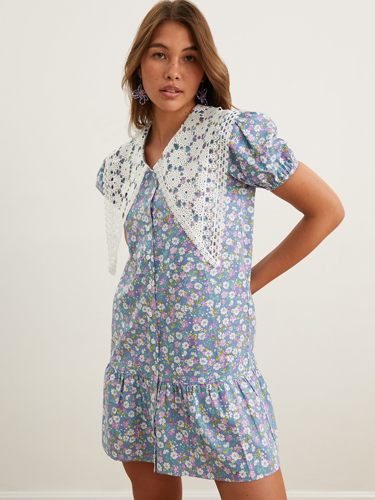 Floral Mini Dress Blue Pomelo Fashion