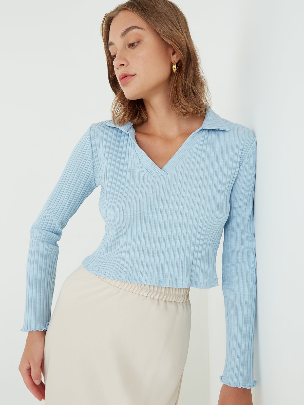 V Neck Long Sleeve Crop Top Blue Pomelo Fashion