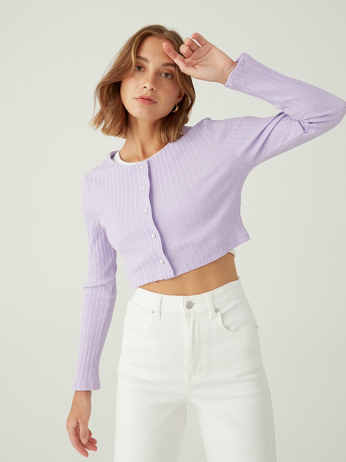 Long Sleeve Crop Cardigan Purple