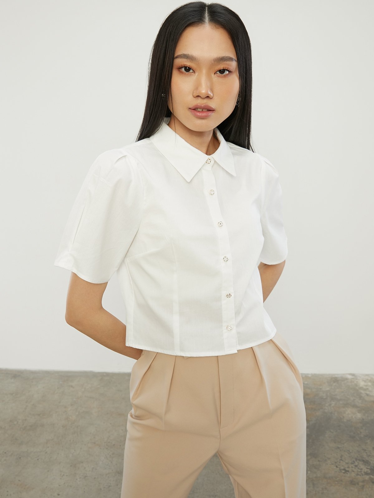 Long Sleeve Collar Shirts - White - Pomelo Fashion