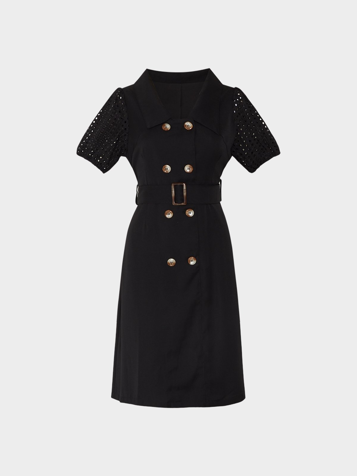 Short Sleeve Belt Detail Midi Dress Black Pomelo Fashion