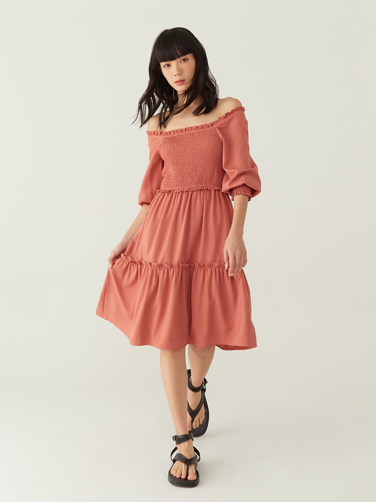 Sustainable Smocked Square Neck Dress Coral Red