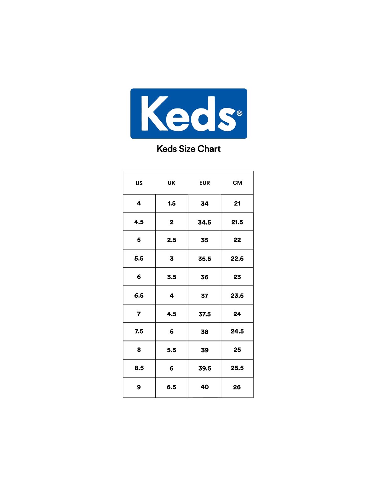 Keds big kid size chart new arrivals