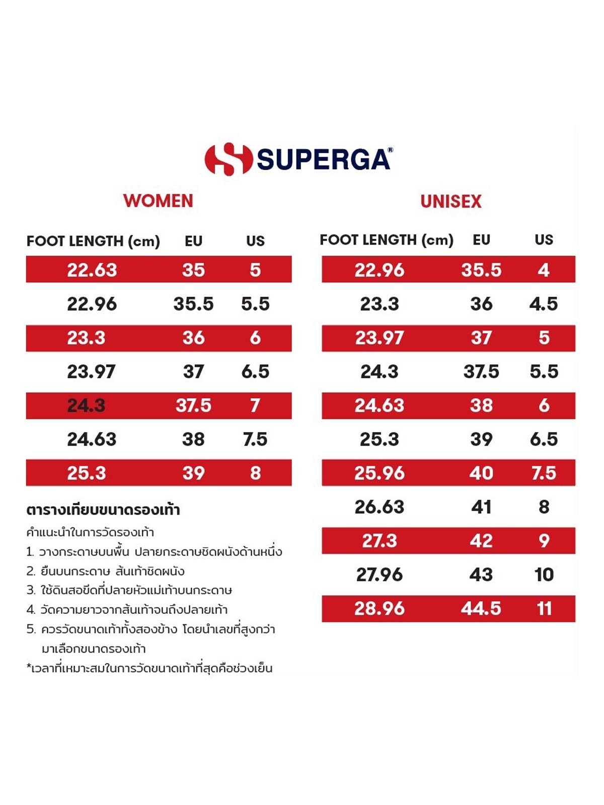 Superga sneakers size sales chart