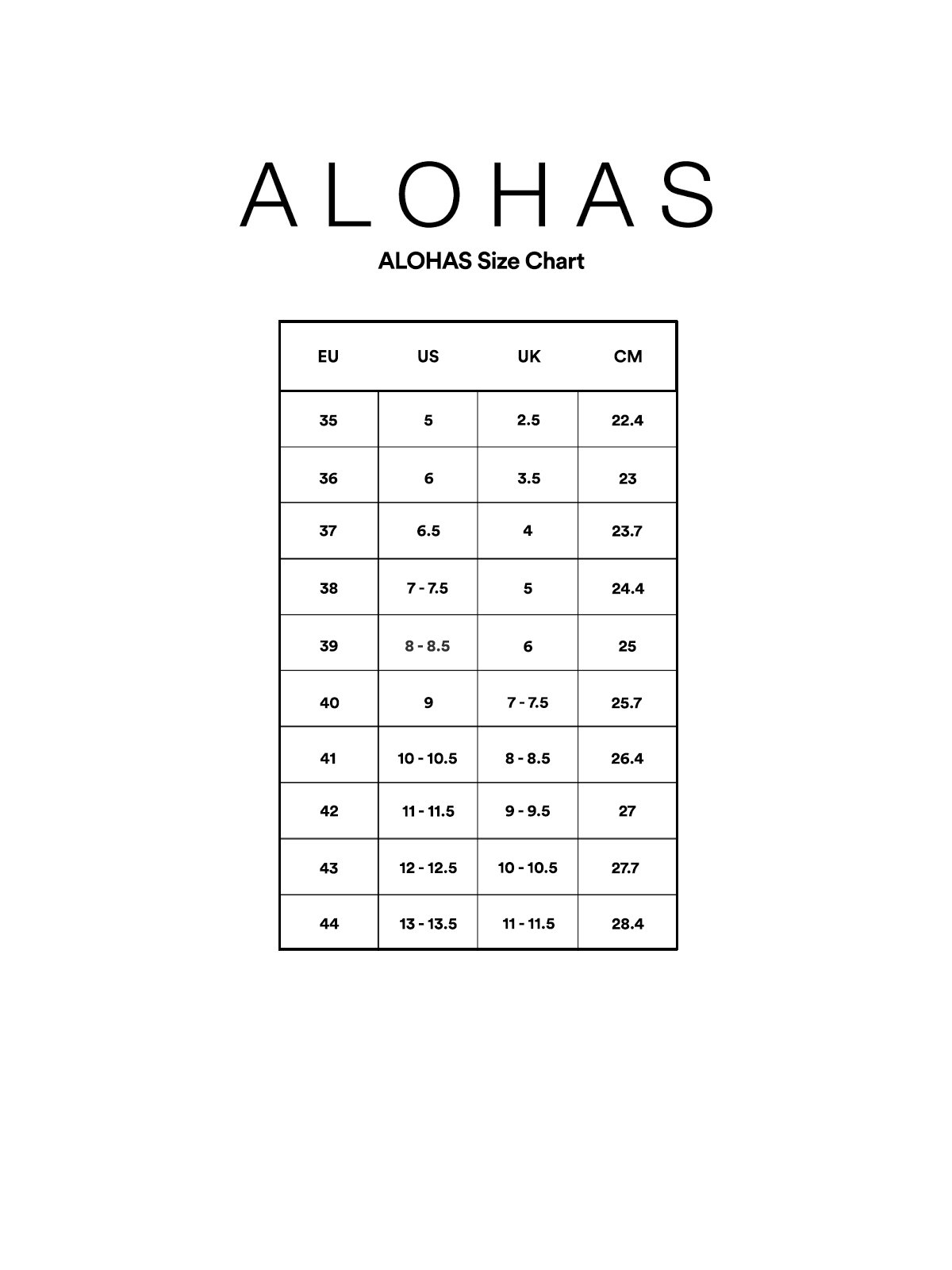Alohas Size Chart on Sale