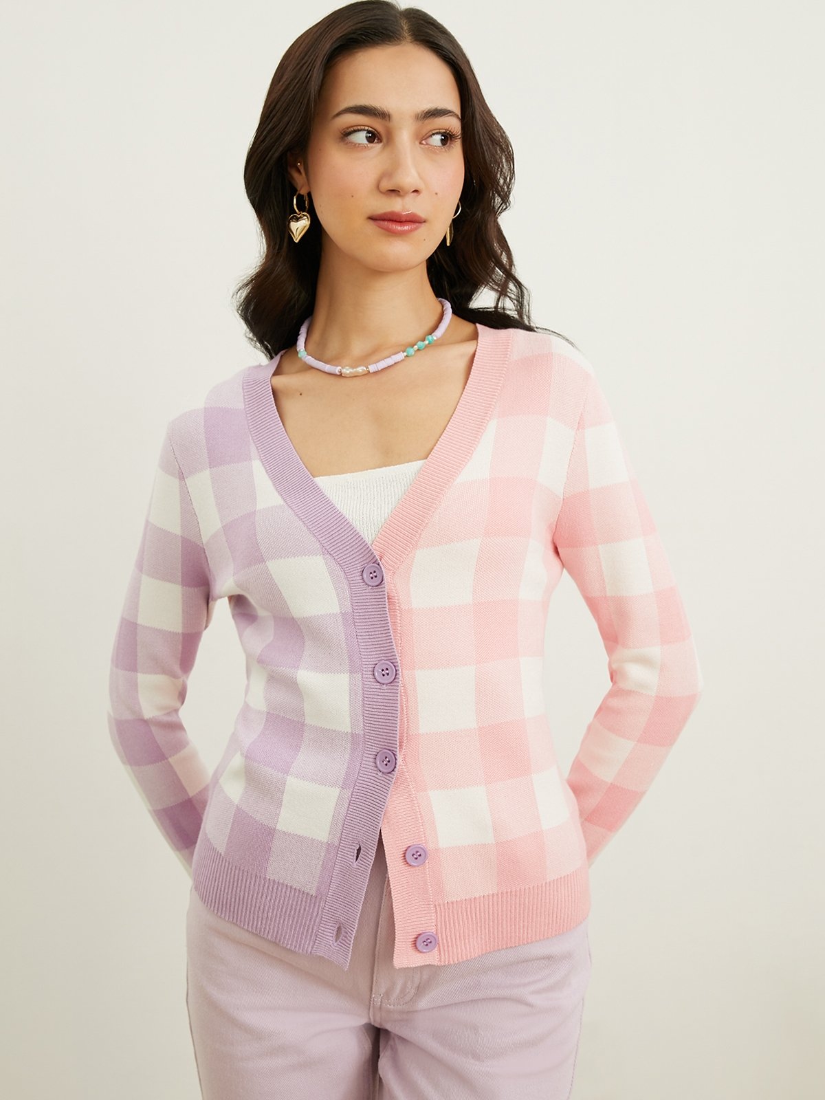 Pink plaid cardigan sale