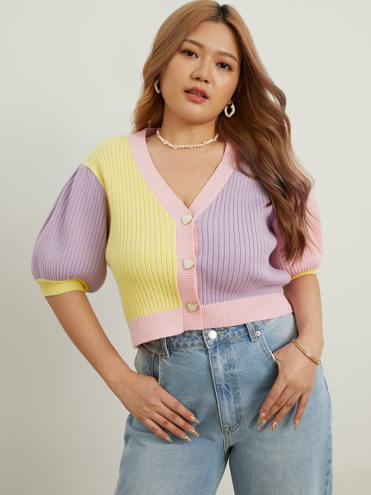 V Neck Puffed Sleeve Top Multi Color Pomelo Fashion