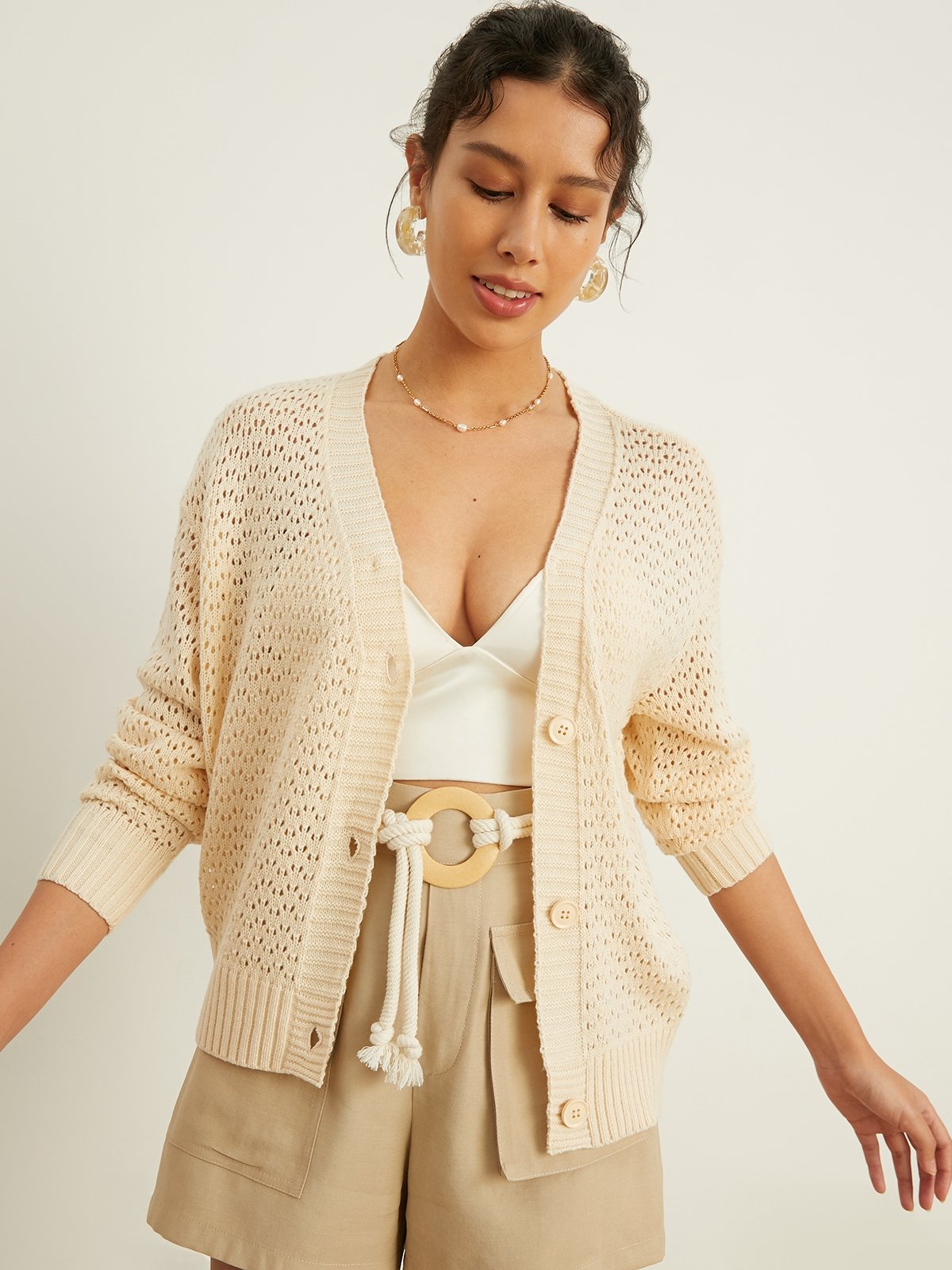 Crochet Long Sleeve Cardigan - White - Pomelo Fashion