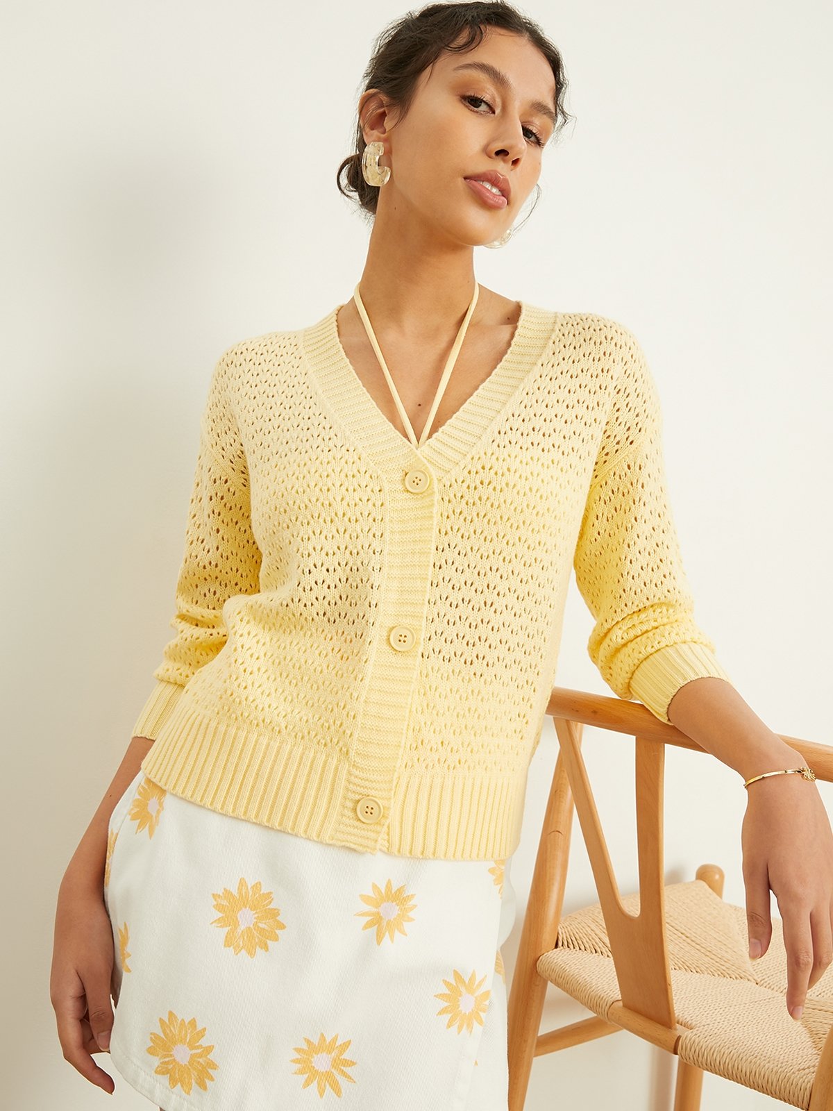 Crochet Long Sleeve Cardigan Yellow Pomelo Fashion