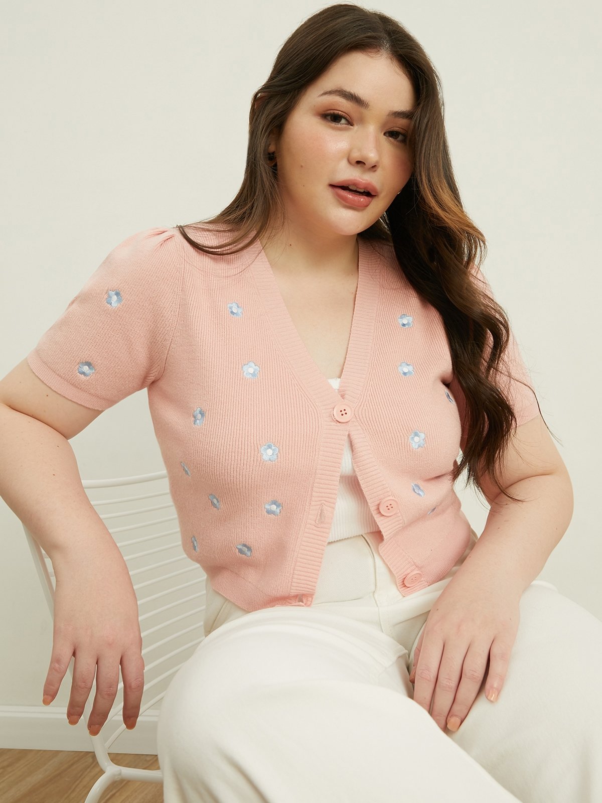 Deep V Neck Short Sleeve Cardigan Pink Pomelo Fashion