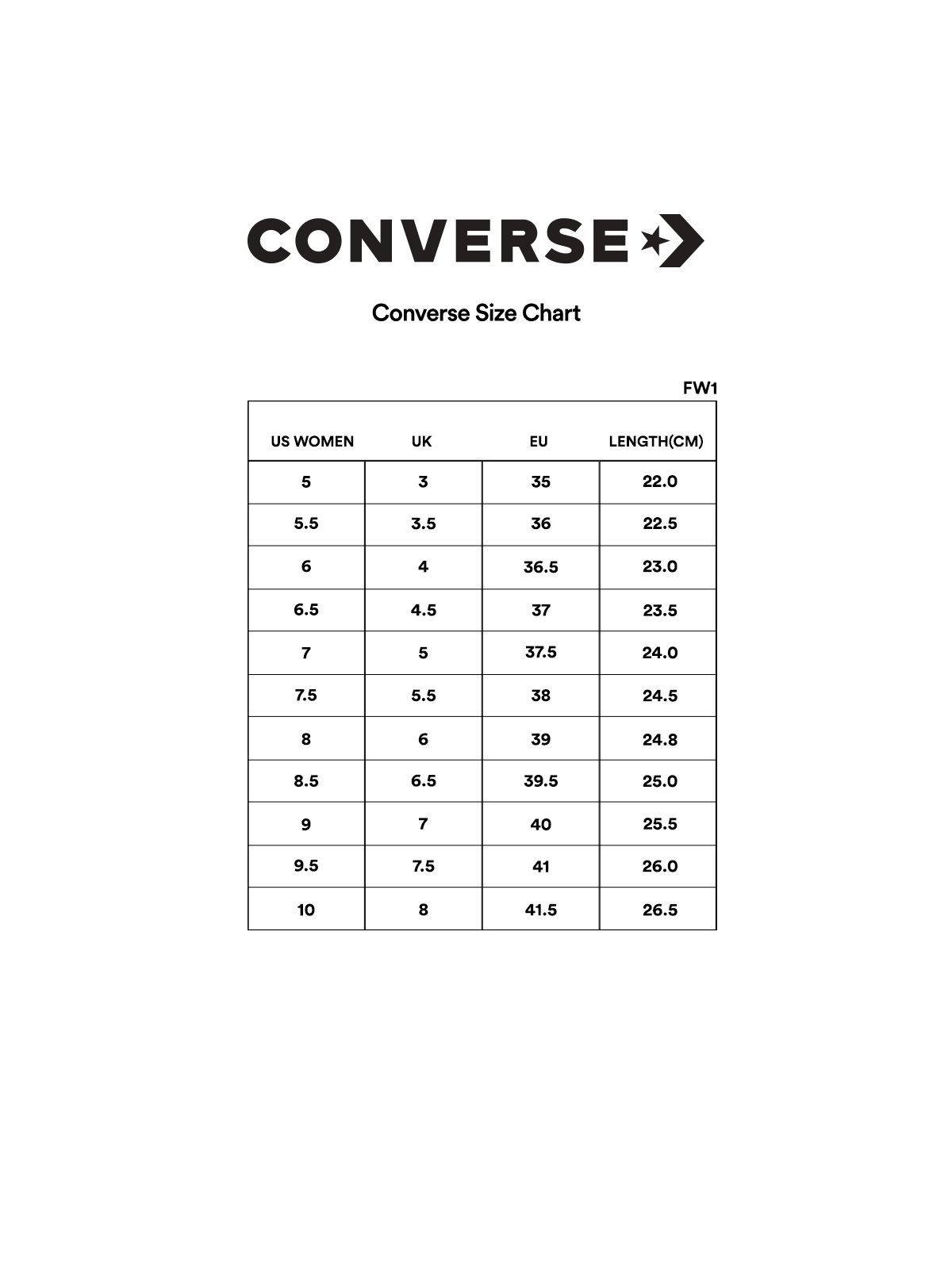 Size chart converse online