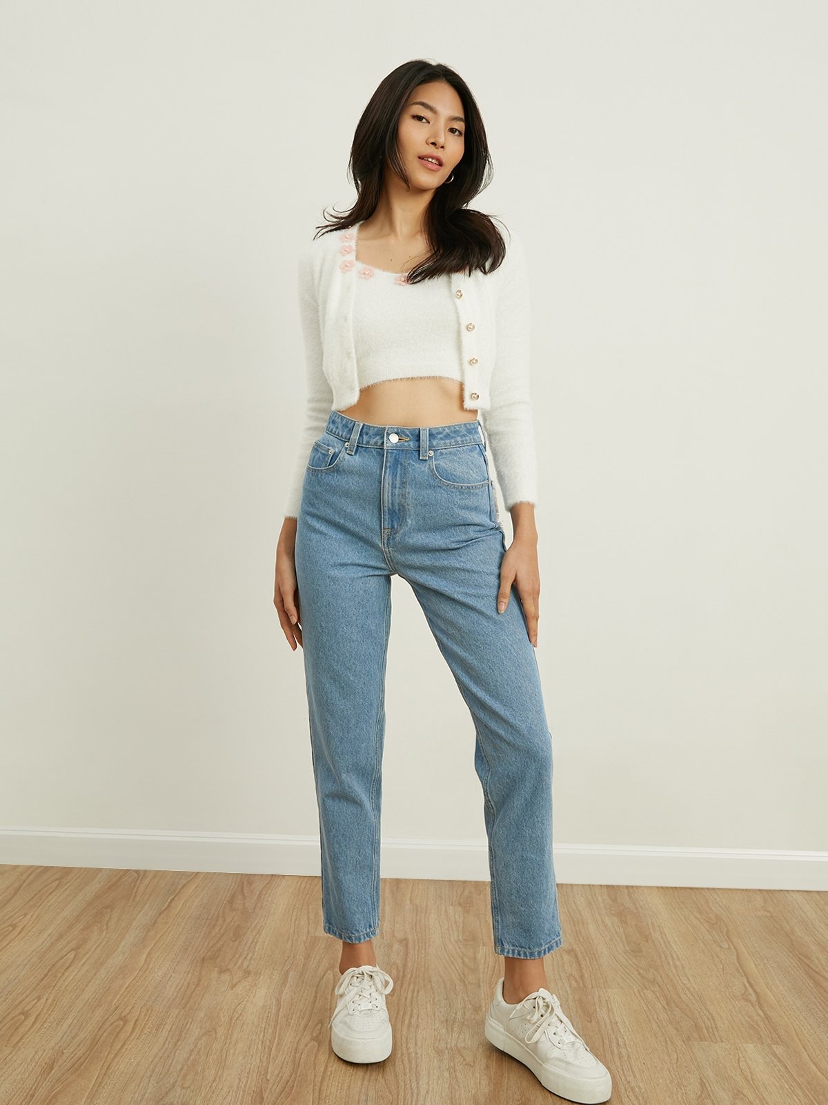 Fuzzy Flower Pearl Detail Cardigan Set White