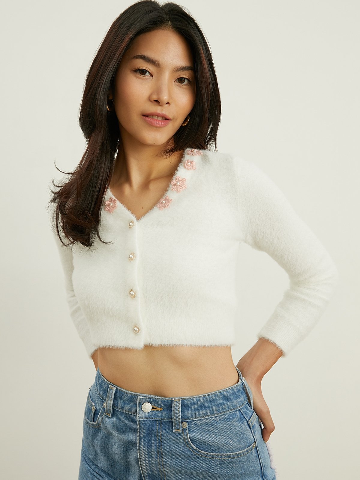 White cardigan with on sale pearls