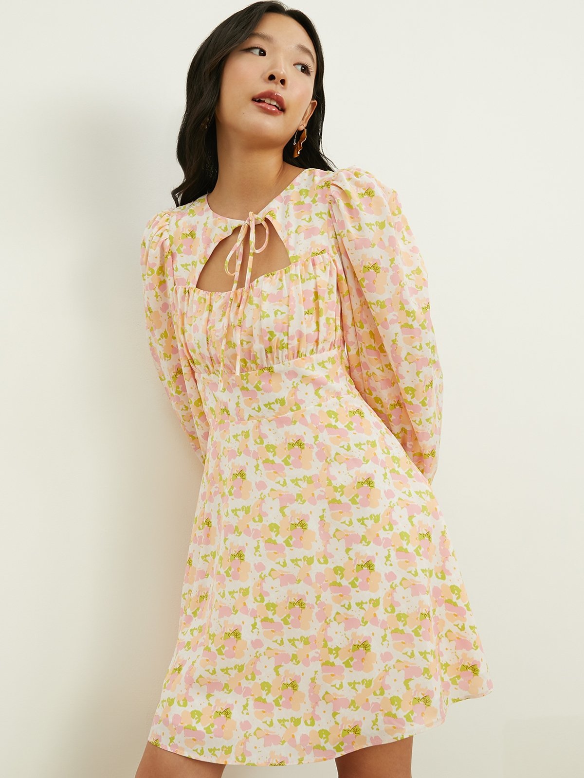 Long Puffed Sleeve Mini Dress Pink Pomelo Fashion