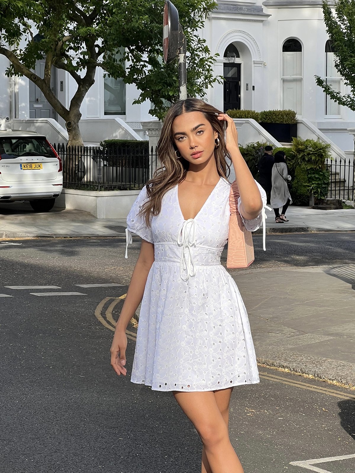 Bow Tie Puffed Sleeve Mini Dress White