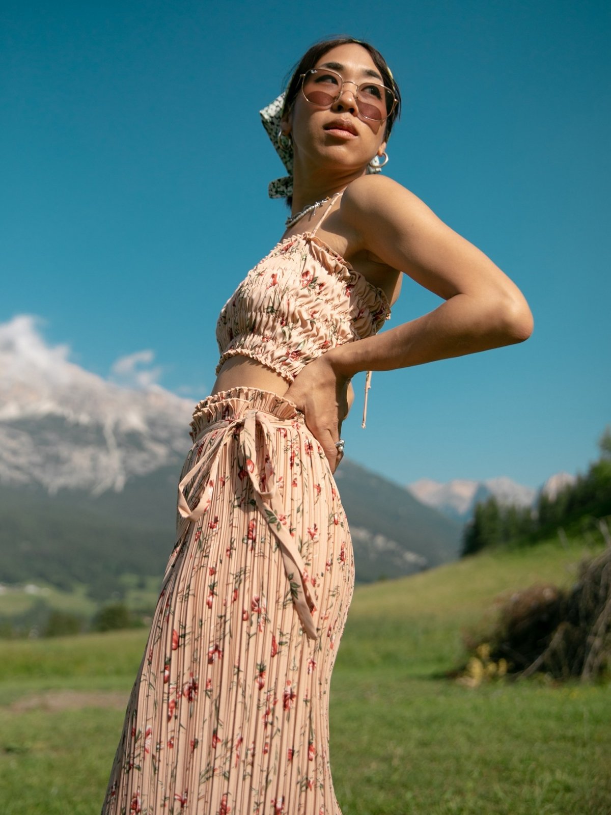 Pink denim wrap skirt top